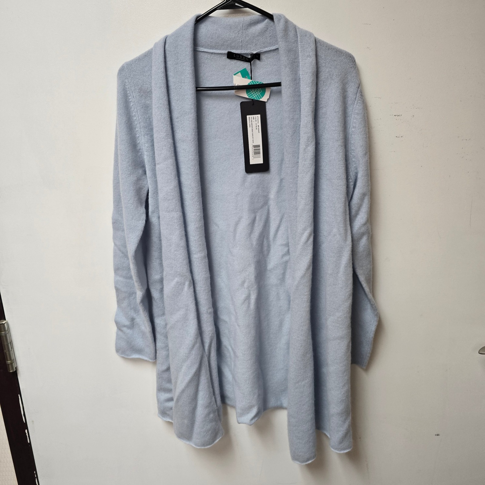 Lusso Cashmere Cardigan Icy Blue Open Front Sweater 100% Cashmere Large